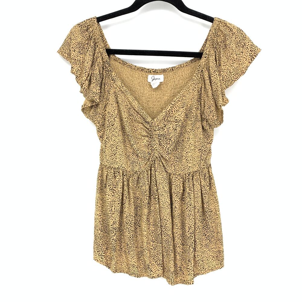 Japna Leopard Print Blouse Womens Size Medium Peplum Flutter Sleeve